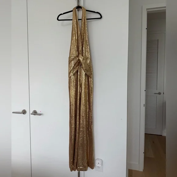 Gold Backless Halter Sequin Jumpsuit, S - Picture 5 of 7